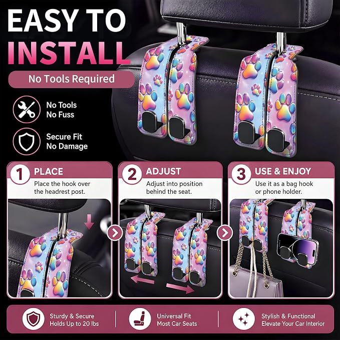 Car Seat Back Storage Hook, Funny Car Purse Hook, Cute Vehicle Storage Organizer for Purses Handbags Cute Pastel Paw