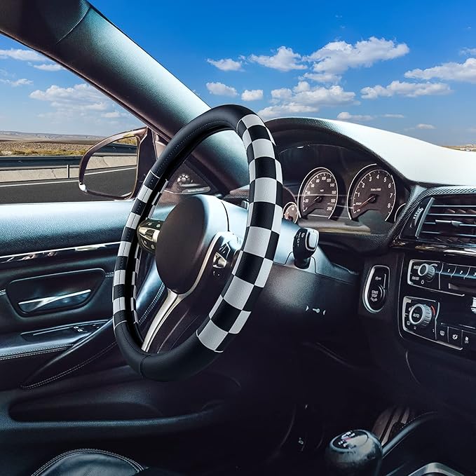 Lattice Leather Steering Wheel Cover, Black and White Checker Car Accessories, Non-Slip and Comfortable Unisex Universal Steering Wheel Cover 15 inch for Women Men (Black and White Checker)