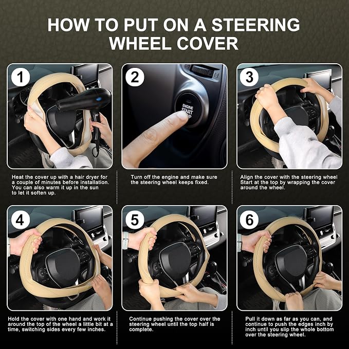 Steering Wheel Cover 14.5-15 inch (37-39 cm) Medium Size, Microfiber Leather, Non-Slip Comfortable Grip, Fits Cars Trucks SUVs, Beige