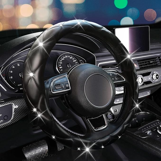 Steering Wheel Cover, Auto Cute PU Diamond Bling Breathable Soft Comfort Leather Car Interior Accessories Sparkly Fit Most O-Shaped Steering Wheels for Women Men (Black-Bling)