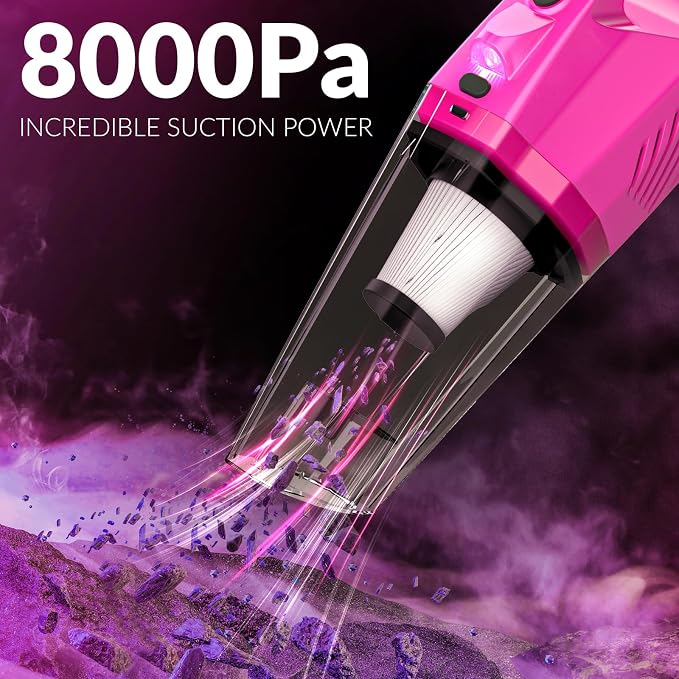 Car Detailing Kit Interior Cleaner, Car Cleaning Kit with 8000PA Cordless Pink Handheld Vacuum Cleaner, Car Interior Detailing Brush Set, Pink Car Accessories, Gift for Women