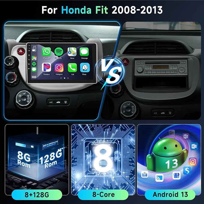 8 CORE 8G+128G Android Car Stereo for Honda Fit 2008-2013 with Wireless Carplay 10.1” Touchscreen Bluetooth 5.0 Car Radio with GPS Navigation, WiFi, Android Auto, DSP, AM/FM/RDS Radio, Backup Camera