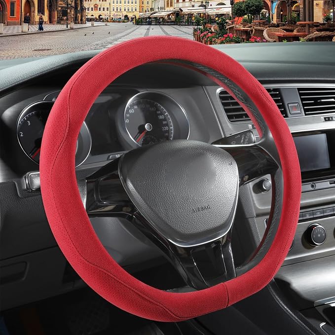 Red Suede D Shaped Steering Wheel Cover, Breathable Non-Slip Sweat-Proof Wear-Resistant No Pilling, Warm in Winter and Cool in Summer, Universal 15 inch
