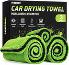 2+1 Pack Car Drying Towels – Microfiber Towels for Cars (36" x 24"), Ultra-Absorbent, Streak-Free, Scratch-Free, No Water Spots, Double-Twist Pile & Edgeless Design, Grey Green