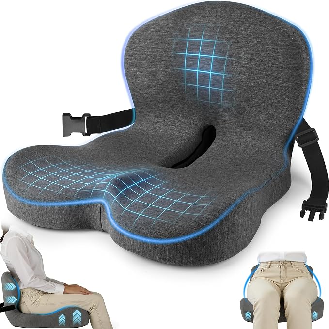Truck Seat Cushion, Memory Foam Trucker Seat Cushion for Truck Driver Long Sitting with Adjustable Strap, Back Support and Pain Relief for Trucker Driving Office Chair and Pain, Dark Gray