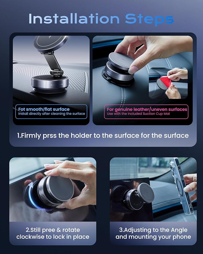 MagSafe Car Charger Mount, 15W Fast Wireless Charging Phone Holder, 108LB Vacuum Suction Cup & 3800gf Strong Magnet, 360° Adjustable Dashboard Windshield Mount for iPhone 17 Pro Max/17 Air/16-12