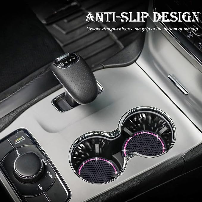 2PCS Bling Cup Holder Coaster, 2.75 Inch Auto Car Cup Holder Insert Coasters, Soft Silicone Anti-Slip Shockproof, Universal Vehicle Interior Accessories for Women Girls (Black & Pink)