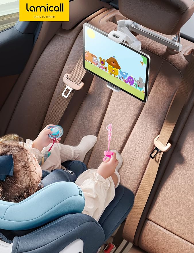 Car Headrest Tablet Holder - [Extension Arm] Upgrade Adjustable Tablet Car Mount for Back Seat, Road Trip Essentials for Kids, for 4.7-11" Device like iPad Pro, Air, Mini, Galaxy, Fire, White