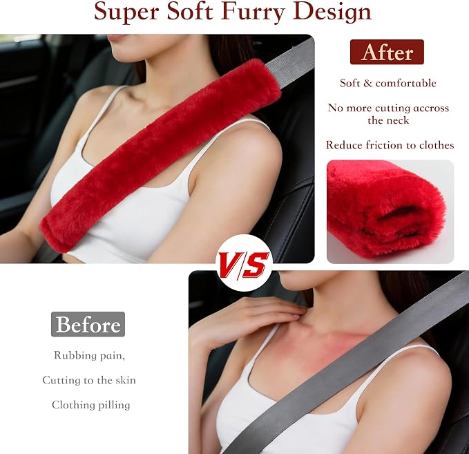 Soft Faux Fur Universal Fit Seatbelt Cover Car Truck SUV Airplane Seat Belt Shoulder Pad for Carmera Backpack Straps Neck Cushion Protector Extra Long 15.7in Red