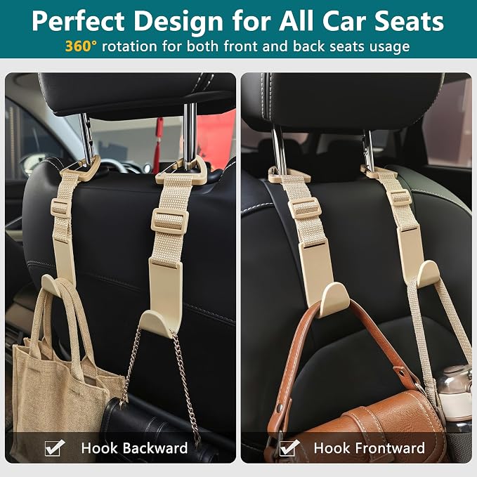 Headrest Hooks for Car Adjustable 4 Pack Vehicle Seat Back Organizer Storage Hanger Holder for Purse Bags Universal Fit with Clip Beige