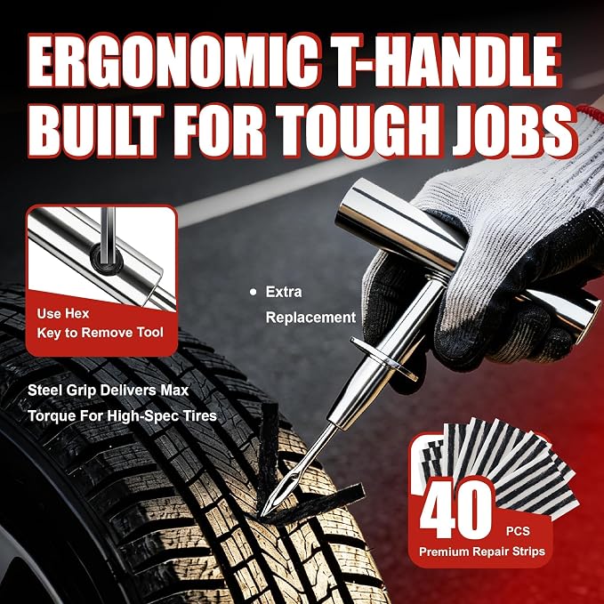 68-Piece All-in-One Heavy Duty Tire Plug Kit – Professional Tire Repair Set, T-Handle Tools, Valve Kit, 40 Plugs, Pliers, Knife – Universal for Car