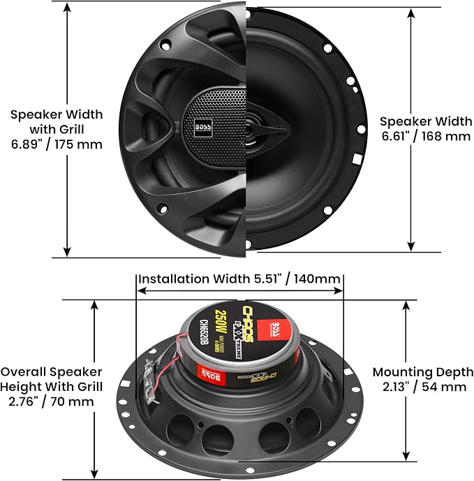 CH6520B 6.5 Inch Car Door Speakers - 250 Watts Max (Pair), Coaxial, 2 Way, Full Range, 4 Ohms, Sold in Pairs, Bocinas para Carro