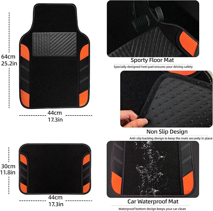 10 Pcs Car Floor Mats Full Set & Sport Leather Steering Wheel Cover 14.5-15 inch, Center Console Cover, Seat Belt Cushion, Cup Holder Coaster, Universal Automobile Interior Sets (Orange)