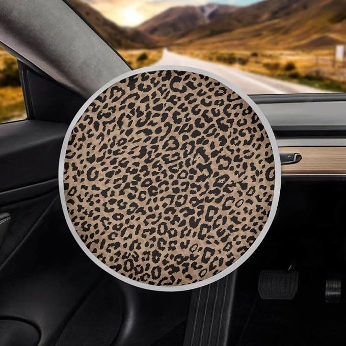 Brown Leopard Print Steering Wheel Cover Sun Shade,Insulated Car Steering Wheel Cover for Blocking Sun & Heat,Cheetah Print Car Accessories 17 inch Steering Wheel Shield for Cars SUV Trucks