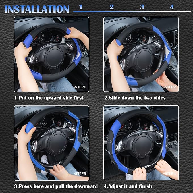 Line Rider Microfiber 14 Inch Leather Sporty Steering Wheel Cover Universal Fits for Truck,SUV,Cars, Anti-Slip Safety Comfortable Desgin (Black-Blue)
