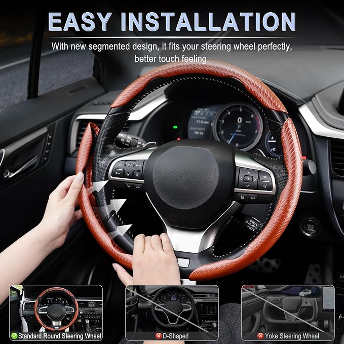 3pcs Carbon Fiber Anti-Skid Steering Wheel Cover, Waterproof & Segmented Butterfly Design, Universal 99% Vehicle Wheel Cover Protector, Car Interior Accessories (Champagne-3pcs)