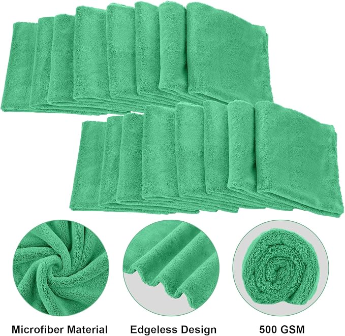 30 Pcs 16 x 16 Inch Edgeless Microfiber Plush Towels for Cars Detailing Drying Wash Polishing Absorbent Cleaning Cloths, 500 GSM (Grass Green)