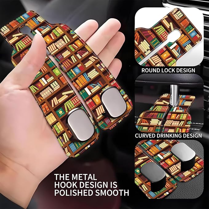 Car Headrest Purse Hanger Vintage Library Book Shelf 1 Pack Bag Purse Holder for Car Premium Leather Double Metal Hook for Handbags, Grocery Bags and Phones