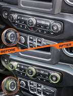 HVAC Climate Control Panel Knob Trim Kit & Light Control Switch Cover, Air Conditioner Knob Aluminum Alloy Ring for 2018-2024 Jeep Wrangler JL JLU & Gladiator JT, Interior Accessories, Green