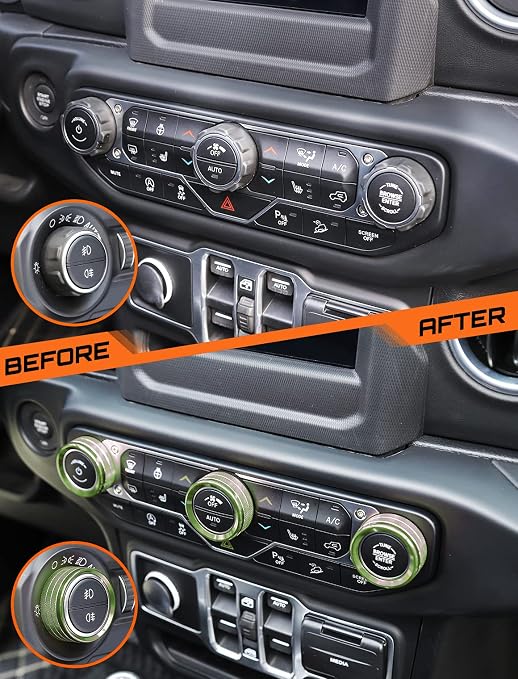 HVAC Climate Control Panel Knob Trim Kit & Light Control Switch Cover, Air Conditioner Knob Aluminum Alloy Ring for 2018-2024 Jeep Wrangler JL JLU & Gladiator JT, Interior Accessories, Green