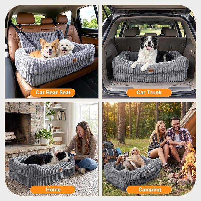 Dog Car Seat, Dog Booster Car Seats with Memory Foam, Thickened Cushion & Washable Removable Cover, Pet Travel Carseat Bed with Safety Leashes for Medium/Large Dogs or 2 Small Dogs, Gray