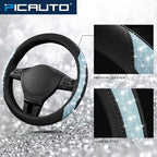 Steering Wheel Cover, Light Blue Sparkly Crystal Bling Glitter with Leather, Universal Fit 14.5"-15.5" Steering Wheels for Girls & Women, Anti-Slip Wheels Cover for Cars, Trucks, Van, SUVs