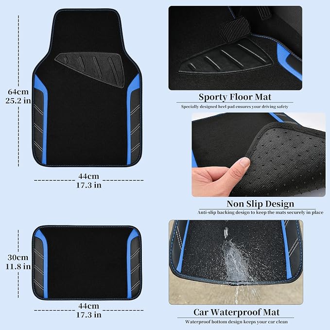 Leather Steering Wheel Cover and Waterproof Car Floor Mats,Microfiber Universal Car Combo Fit for 95% Sedan,SUV,Cars,14.5-15inch Sporty Anti-Slip Safety Comfortable Design(Black＆Blue)