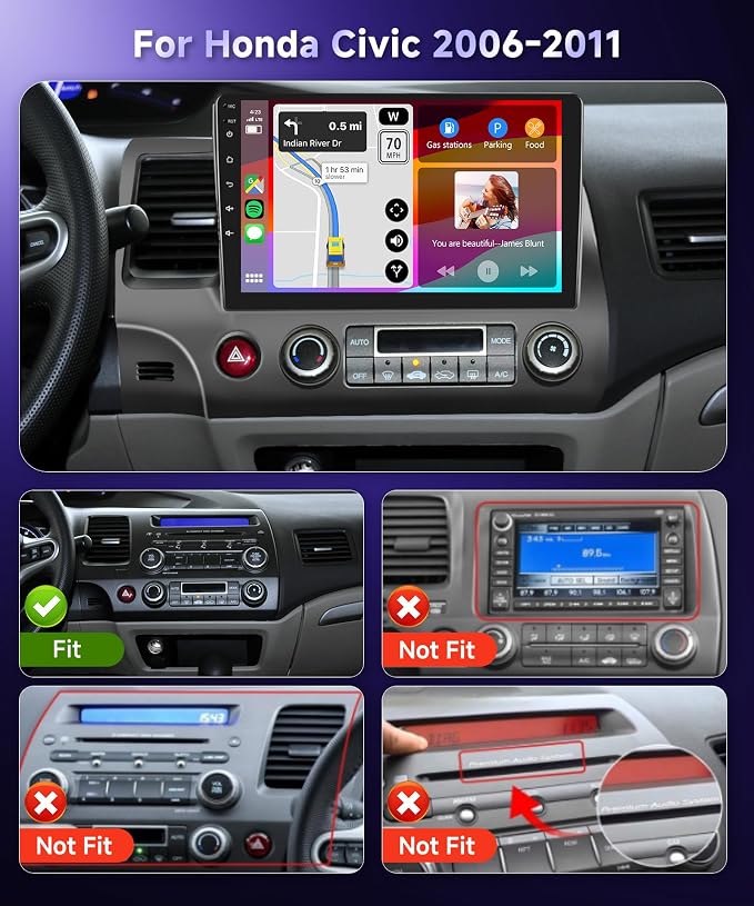 Radio for Honda Civic 2006 2007 2008 2009 2010 2011 Car Stereo with Wireless CarPlay Android Auto 10.1 Inch 1080P Touchscreen 5G WiFi DSP EQ GPS Bluetooth RDS FM Camera 4Core 64G