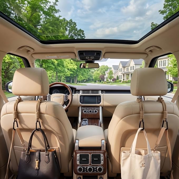 360° Rotating Car Seat Headrest Hooks, Universal Car Organizer Hooks for Bags and Groceries, Brown 2pc
