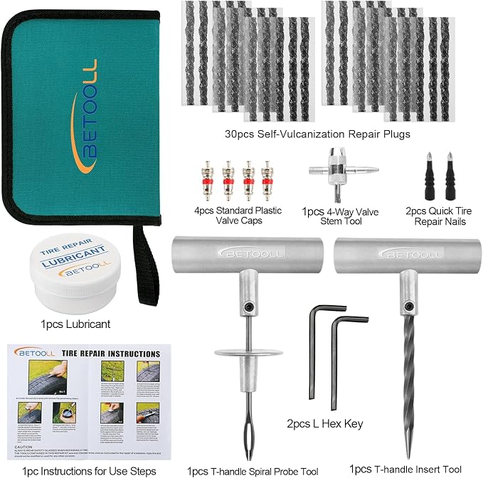 Tire Repair Kit, 44 Pcs Professional Heavy Duty Universal Emergency Flat Tire Repair Kit to Fix Punctures, for car Motorcycle, Truck, Golf Cart, ATV, Tractor, ARB, RV, SUV, Trailer etc.