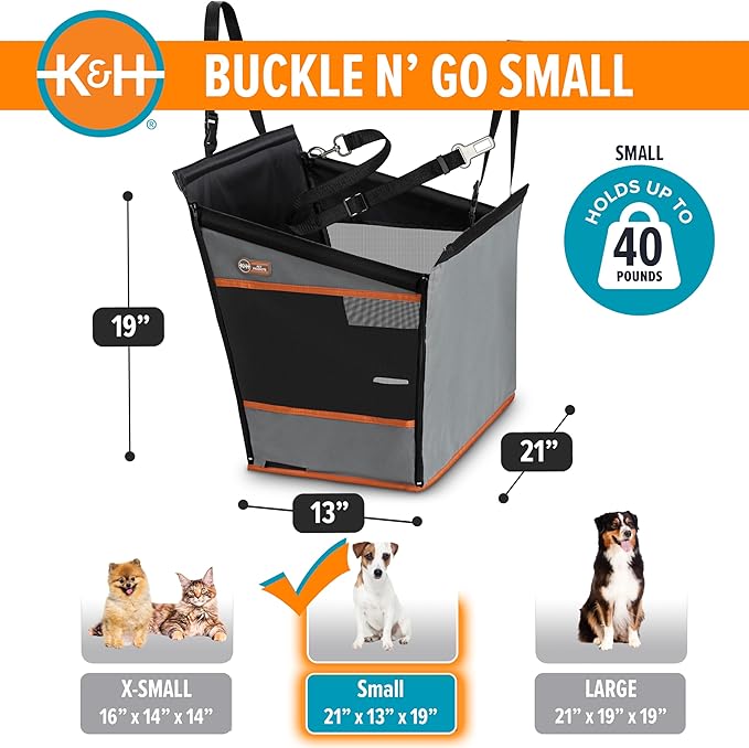 K&H Buckle N Go Dog Car Seat for Medium Dogs, Waterproof Fabric, Breathable Mesh Sides, Adjustable Seatbelt Leash, Pet Car Seat for Small to Medium Pets- 21 X 13 X 19in
