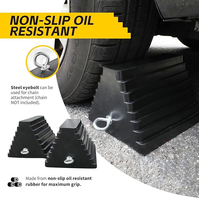 Rubber Wheel Chock 2 Pack, Large 10" x 8" x 6" Heavy Duty Tire Stop with Non Slip All Weather Grip, Oil Resistant Rubber Block with Steel Eyebolt for Vehicle and Trailer Safety (80681)