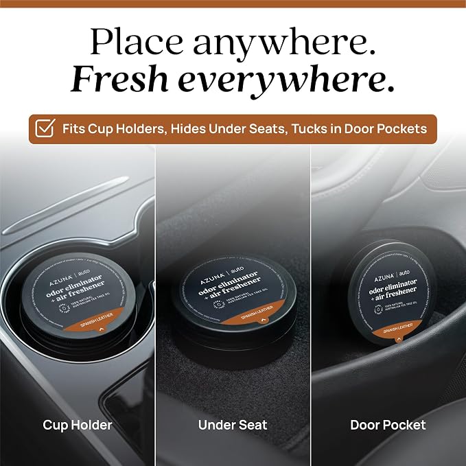 Car Air Freshener & Auto Odor Eliminator Pods Trio | Spanish Leather | Plant Powered by 100% Australian Tea Tree Oil | Long Lasting and No harsh chemicals | Made in USA | 3 Pack of 2oz Pods