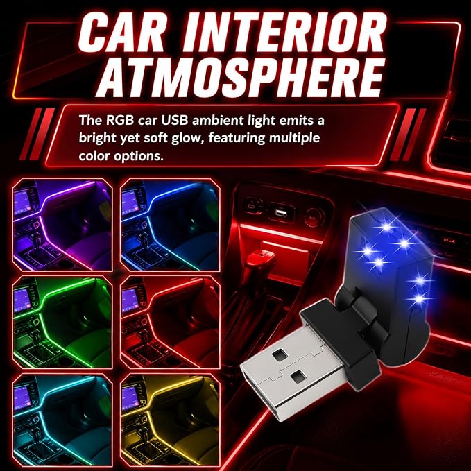 Mini USB Light for Car,8 Color RGB Dynamic Interior Car Lights with Adjustable Color & Brightness,Portable USB Ambient Lighting Cars Interior Accessories for Most Vehicles