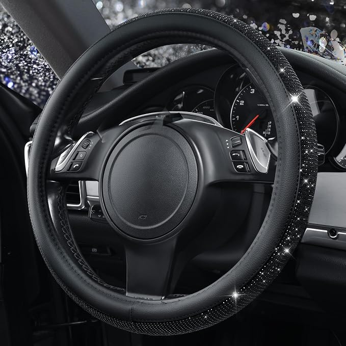 Bling Diamond Leather Steering Wheel Cover, With Sparkly Crystal Glitter Rhinestones Universal Fit 14"1/2-15" Car Wheel Protector for Women Girl Fit Suvs,Vans,Sedans,Car,Trucks, Black Diamond
