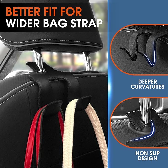 Car Headrest Hooks for Purses and Bags, Upgraded 2 in 1 Cars Back Seat Head Rest Hanger Vehicle Leather Organizer Storage Holder Hook Matching Cars Interior, 2-Pack, Beige