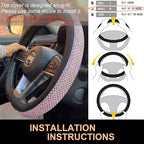 D Shaped Bling Comfy Steering Wheel Cover with Jumbo Crystal Rhinestones, Anti-Slip Diamond Leather, Flat Bottom 14.5-15 Inch (Pink)