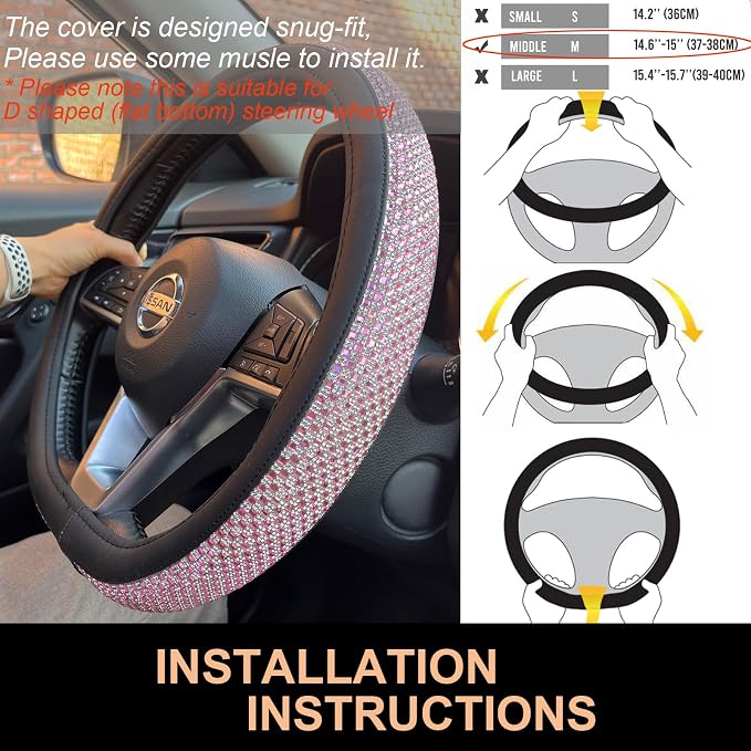 D Shaped Bling Comfy Steering Wheel Cover with Jumbo Crystal Rhinestones, Anti-Slip Diamond Leather, Flat Bottom 14.5-15 Inch (Pink)