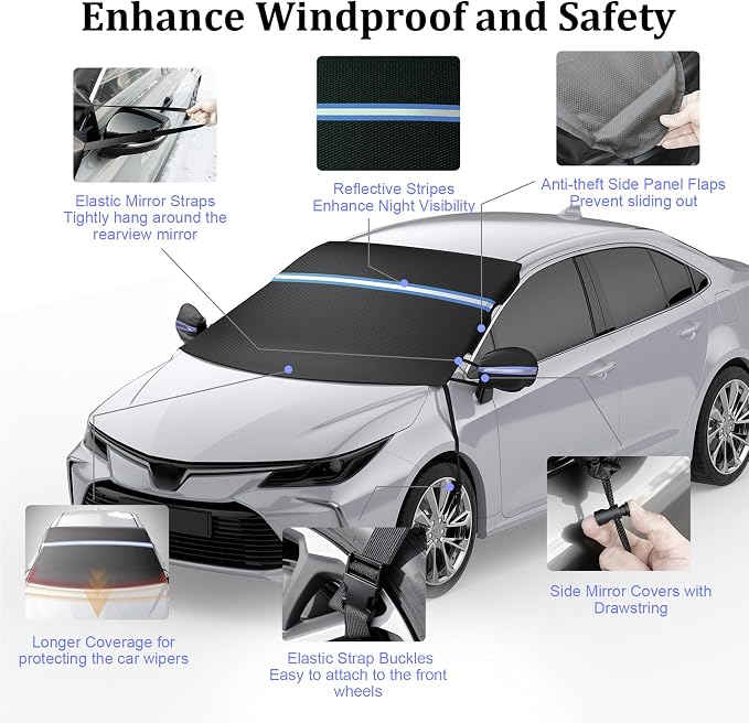 Car Windshield Snow Cover Fit for Most Cars, Sedans, SUVs- 57"x 45" | Windshield Snow Cover with Mirror Covers, Upgraded Windproof Elastic Buckles, Anti-Theft, Frostproof & Snowproof