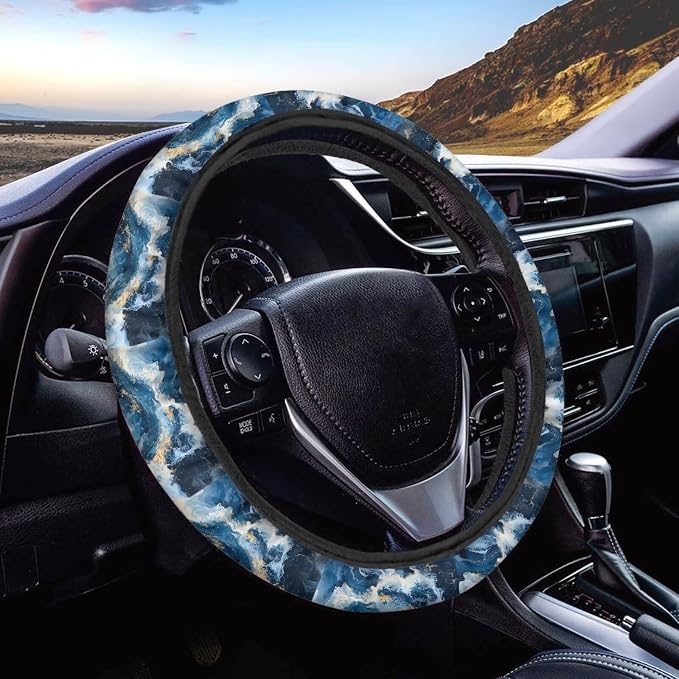 Marble Texture Blue Pattern Car Steering Wheel Cover Car Wheel Cover Protector Steering Wheels Accessories Easy to Install Car Decoration Universal Fit Car Truck SUV Van