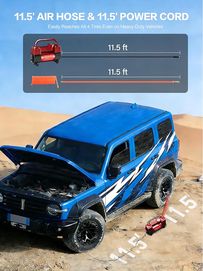 12V Heavy Duty Tire Inflator Metal Portable Air Compressor Pump | 6X Faster Inflation Dual Cylinders 150PSI Air Pump with Adapter for Car, RV,Pickup Truck, SUV, Van,Camper, Air Bed,Ball