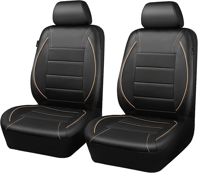Universal FIT Piping Leather Two Front Seat Covers, Waterproof Faux Leather for SUV Sedan Van Truck, Airbag Compatible,Reserved Opening Holes for Headrest Covers. (Black and Beige)