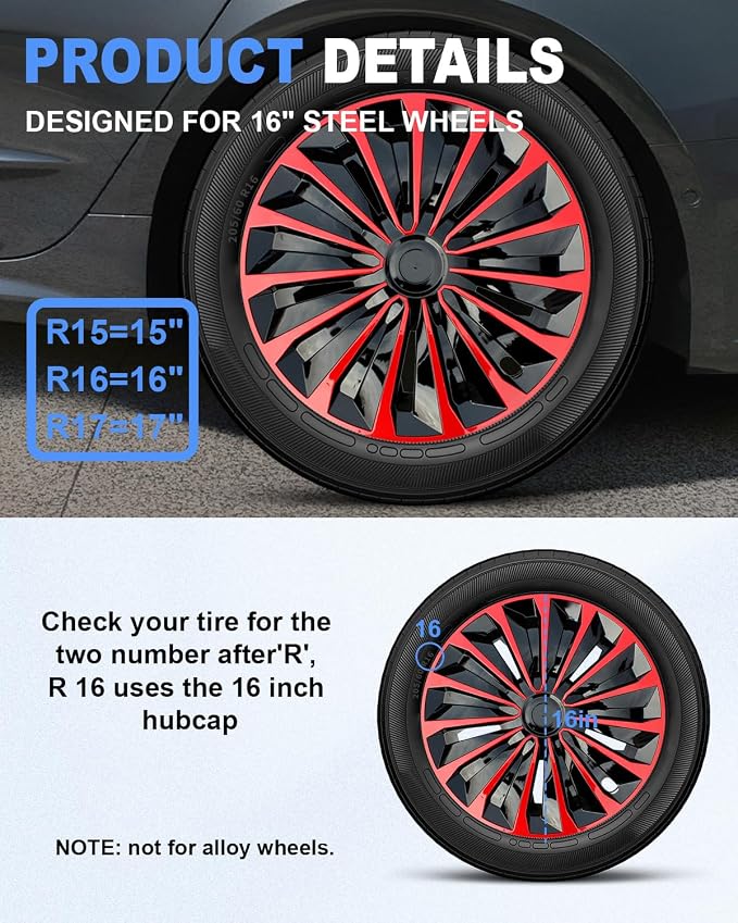 Hubcaps,16 inch hubcaps Set of 4, Wheel Rim Cover ABS Material, Snap On Car Truck SUV Replacement, for Toyota Camry Nissan Mazda etc, Black&Red