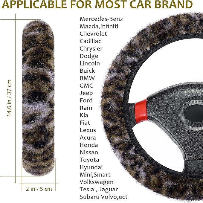 Fuzzy Steering Wheel Cover, Leopard Fluffy Car Wheel Cover for Women Men, Soft Furry Vehicle Steering Wheel Protector Warm Non-Slip Car Accessories 15 inch Universal Fit Auto, Suvs, Truck