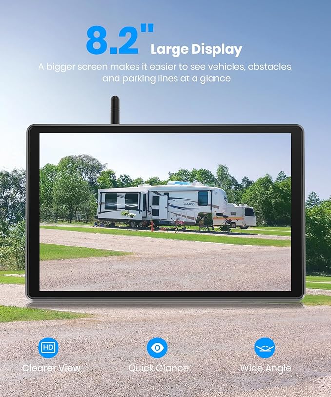 8.2'' RV Backup Camera Wireless: Compatible with Pre-Wired RV, 1080P HD Monitor with CarPlay, Voice Control, IR Night Vision, DVR Recording Back Up Camera for Camper, Trailer, Motorhome