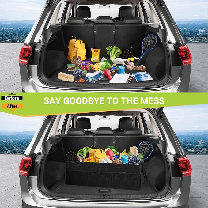 Trunk Organizer with Lid, 72L Large Capacity Car Organizer, 12 Pockets with Non-Slip Bottom, Collapsible 3 Compartments Car Storage Organizer for Suv/Jeep/Sedan/Van/Grocery, Black