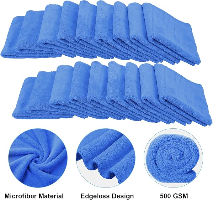 30 Pcs 12 x 16 Inch Edgeless Microfiber Plush Towels for Cars Detailing Drying Wash Polishing Absorbent Cleaning Cloths, 500 GSM (Dark Blue)