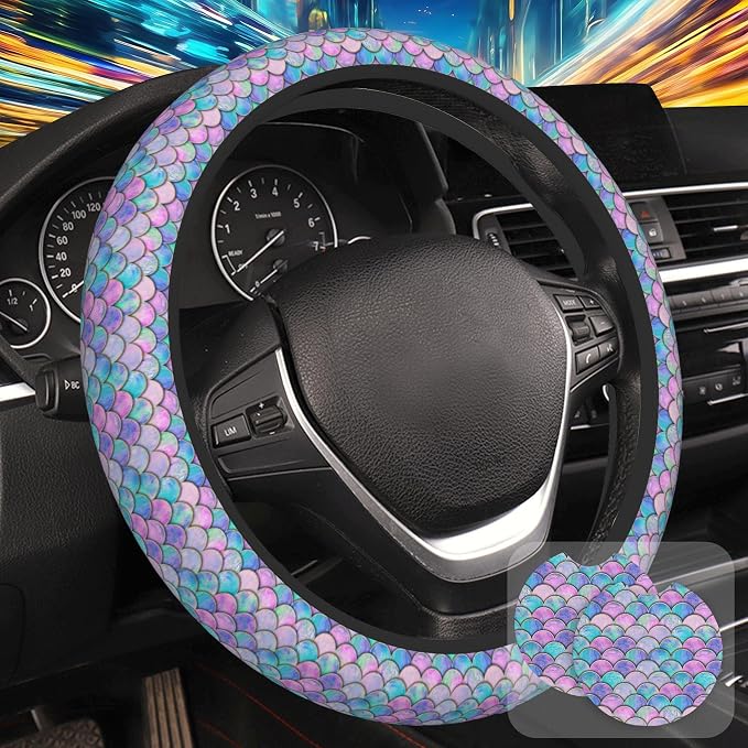 Mermaid Scales Steering Wheel Cover with 2 Pcs Car Coasters Neoprene Steering Wheel Cover for Women Men Anti-Slip Breathable Car Accessories Universal 15 Inch Fit Auto Cars Trucks