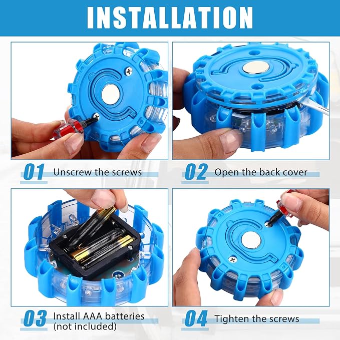 12 Pack LED Road Flares Emergency Lights Roadside 9 Flash Modes Warning Car Safety Beacon Magnet Hook Flashing Disc Flare Kit for Vehicles Car Truck Boats Holiday Gift (Blue)