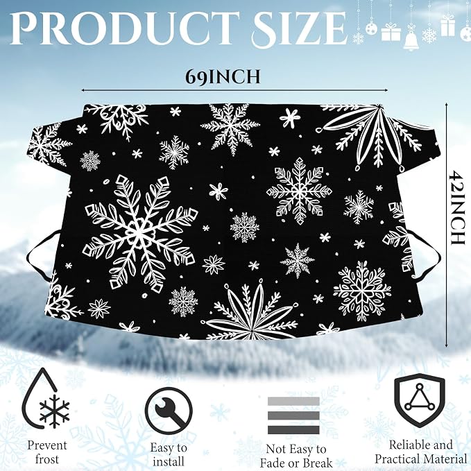 2 Pcs Windshield Cover for Ice and Snow 210T Silver Coated Waterproof Frost Cover 69 x 42 Inches All Seasons Windshield Protector with Elastic Straps Snowflake Winter Car Accessories for Cars